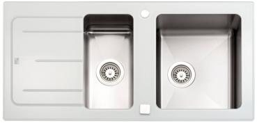 Küchenspüle Edelstahl / Glasablage Perlweiss 1,5 Becken