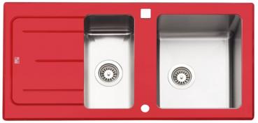 Küchenspüle Edelstahl / Glasablage Feuerrot 1,5 Becken