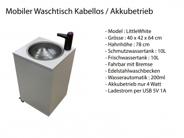 Preview: Mobiles Handwaschbecken Littlewhite mit Batterie betriebenen Wasserhahn Weiß