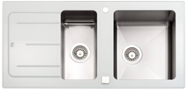 Küchenspüle Edelstahl / Glasablage Perlweiss 1,5 Becken