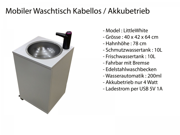 Mobiles Handwaschbecken Littlewhite mit Batterie betriebenen Wasserhahn Weiß