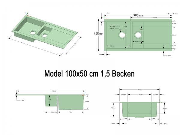 Granitspüle Kubai - 100x50cm Weiß 1,5 Becken